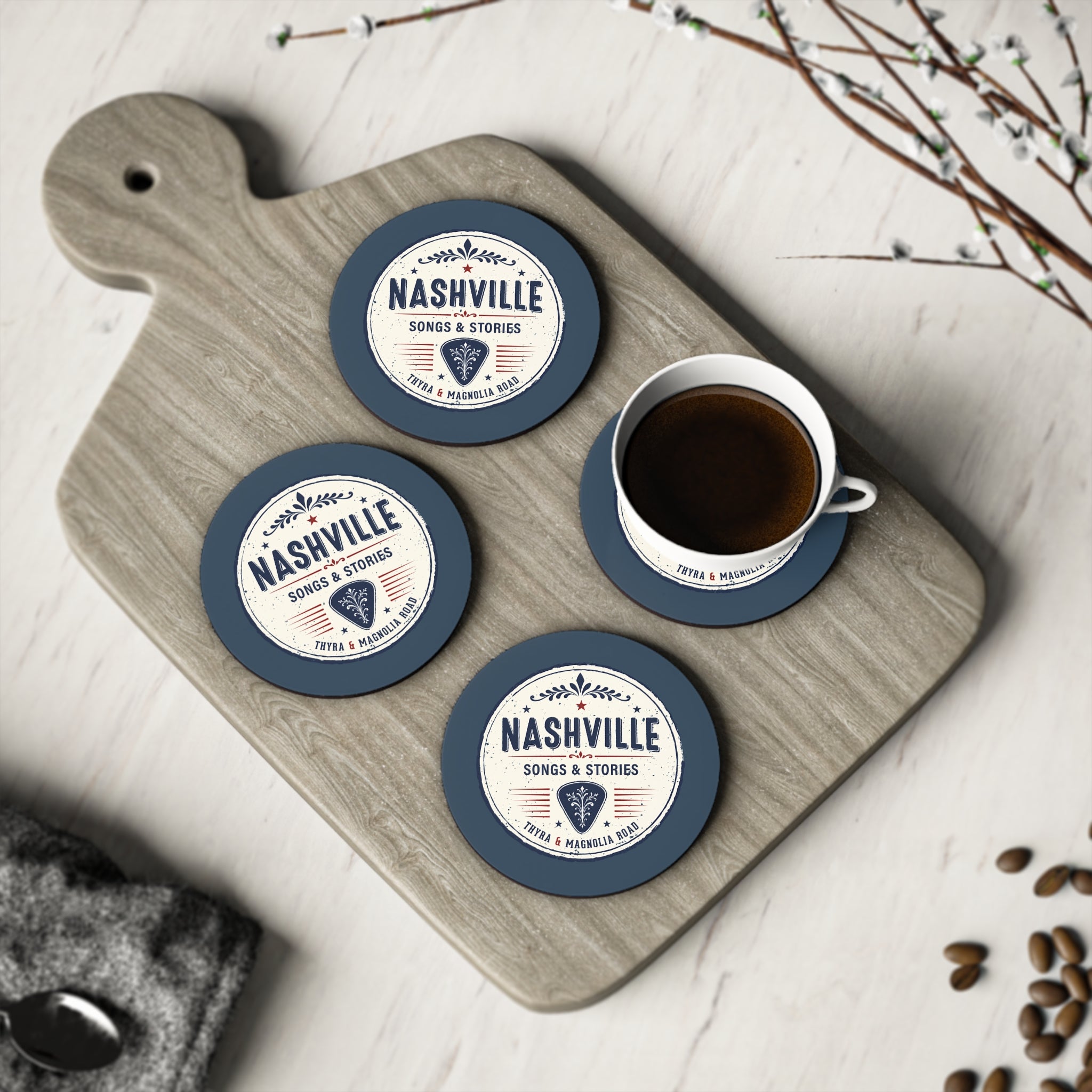 Nashville Songs & Stories Coaster — Retro Music City Drink Coaster (Set)